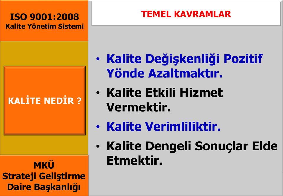 Kalite Etkili Hizmet Vermektir. Kalite Verimliliktir.