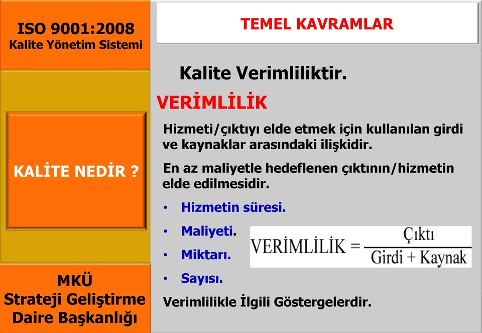 ilişkidir. KALİTE NEDİR? En az maliyetle hedeflenen çıktının/hizmetin elde edilmesidir.