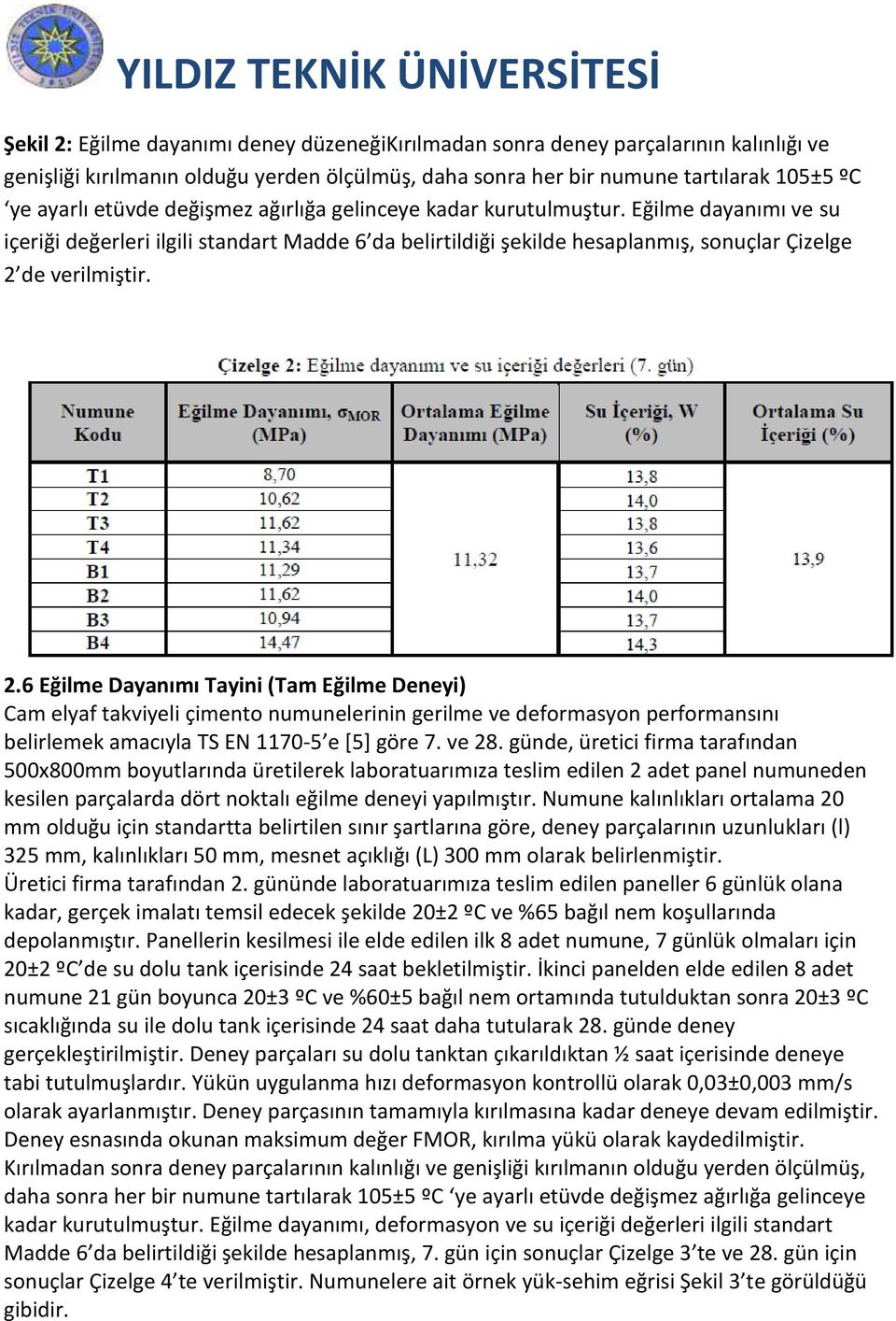 de verilmiştir. 2.6 Eğilme Dayanımı Tayini (Tam Eğilme Deneyi) Cam elyaf takviyeli çimento numunelerinin gerilme ve deformasyon performansını belirlemek amacıyla TS EN 1170-5 e [5] göre 7. ve 28.