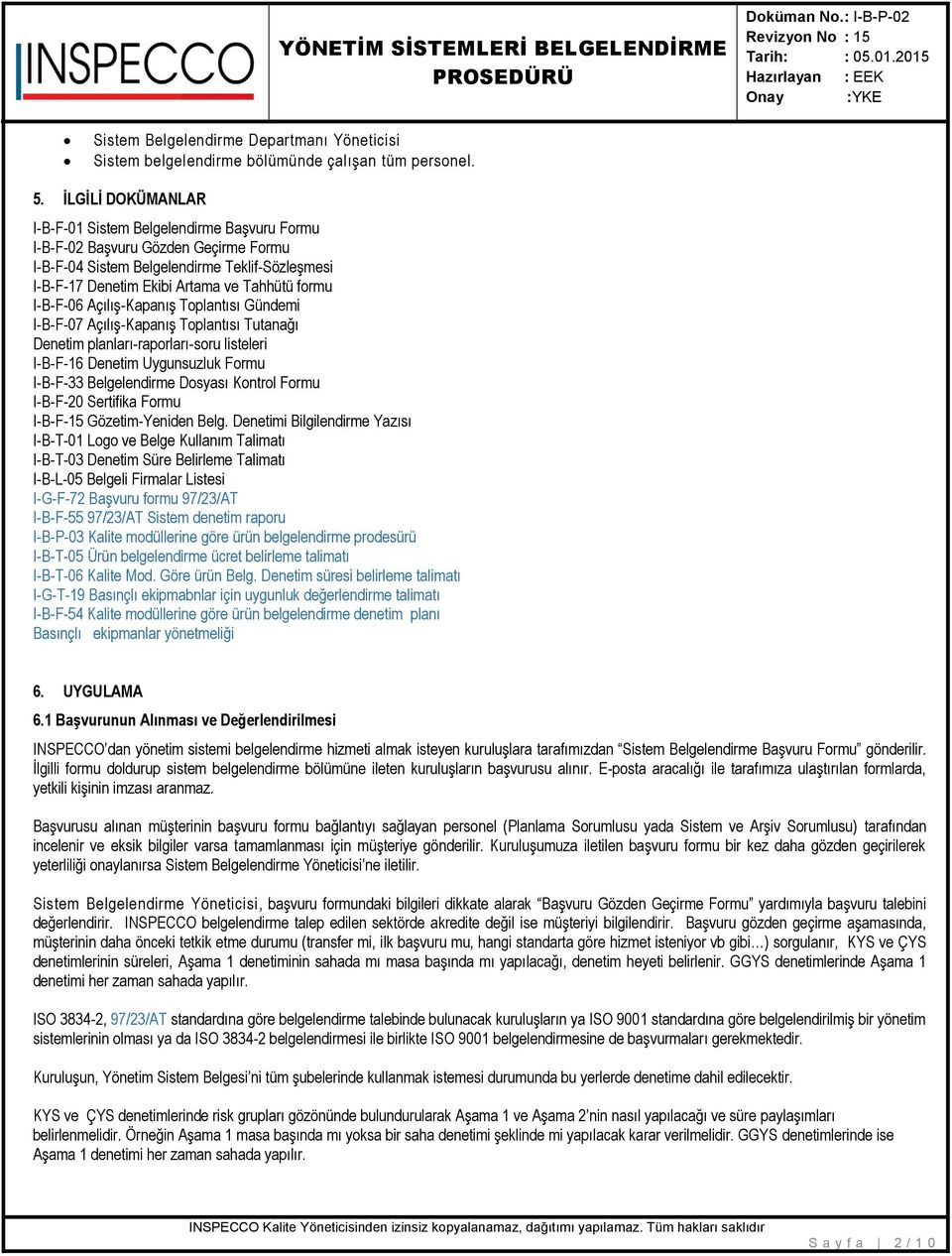 I-B-F-06 Açılış-Kapanış Toplantısı Gündemi I-B-F-07 Açılış-Kapanış Toplantısı Tutanağı Denetim planları-raporları-soru listeleri I-B-F-16 Denetim Uygunsuzluk Formu I-B-F-33 Belgelendirme Dosyası