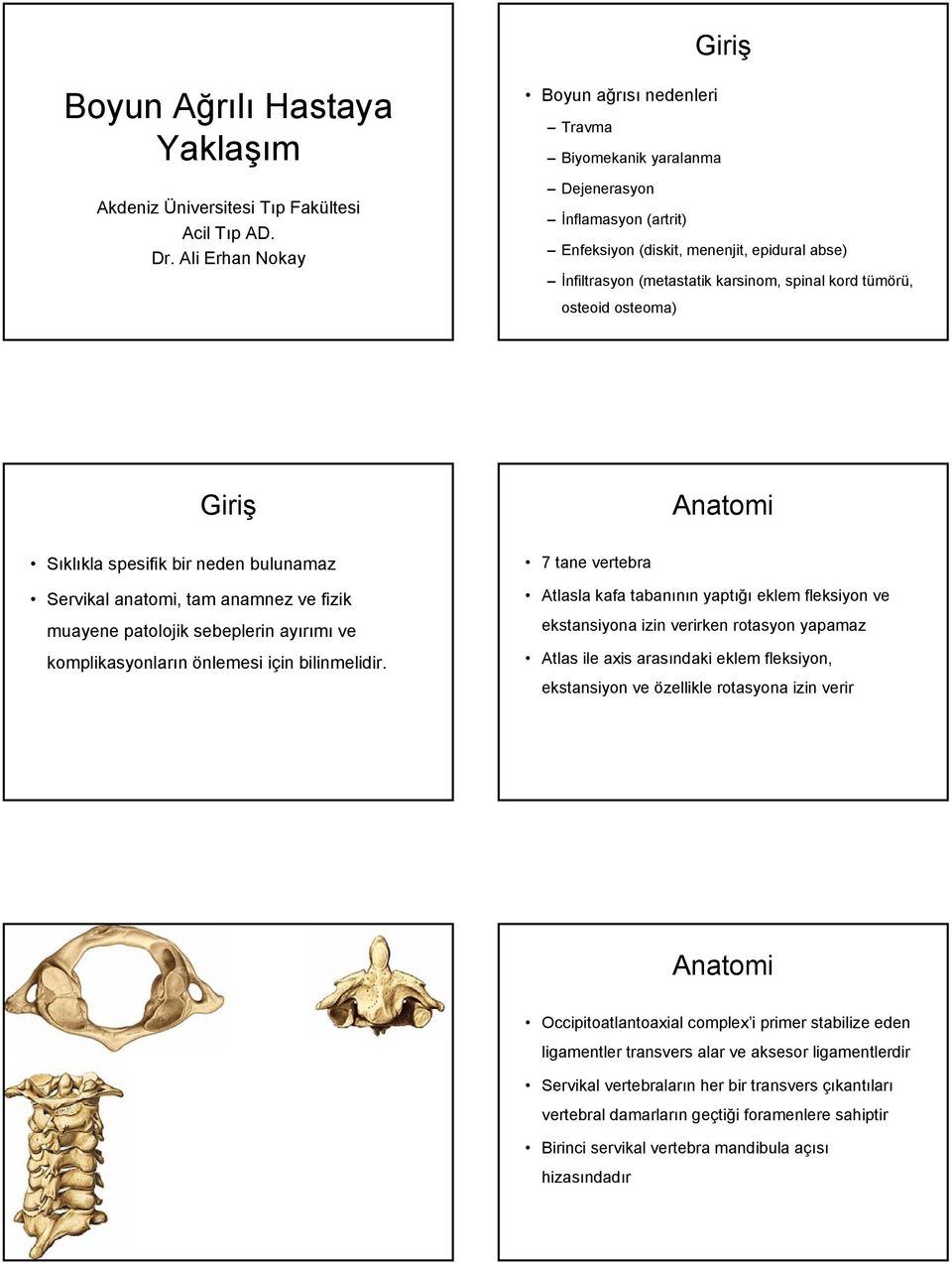 tümörü, osteoid osteoma) Giriş Sıklıkla spesifik bir neden bulunamaz Servikal anatomi, tam anamnez ve fizik muayene patolojik sebeplerin ayırımı ve komplikasyonların önlemesi için bilinmelidir.