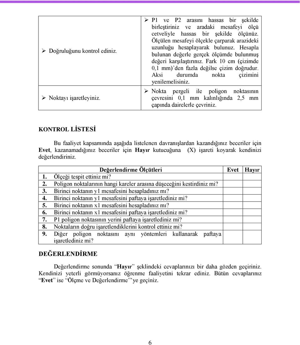 Fark 10 cm (çizimde 0,1 mm) den fazla değilse çizim doğrudur. Aksi durumda nokta çizimini yenilemelisiniz.