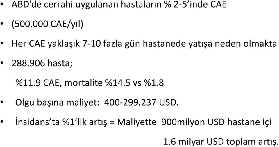 9 CAE, mortalite %14.5 vs %1.8 Olgu başına maliyet: 400-299.237 USD.