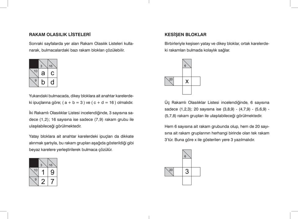 Yukarıdaki bulmacada, dikey bloklara ait anahtar karelerdeki ipuçlarına göre; ( a + b = 3 ) ve ( c + d = 16 ) olmalıdır.