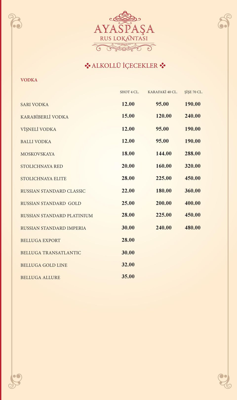 00 STOLICHNAYA ELITE 28.00 225.00 450.00 RUSSIAN STANDARD CLASSIC 22.00 180.00 360.00 RUSSIAN STANDARD GOLD 25.00 200.00 400.