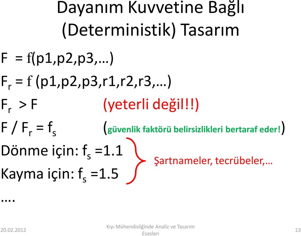 !) F / F r = f s Dönme için: f s =1.1 Kayma için: f s =1.5.