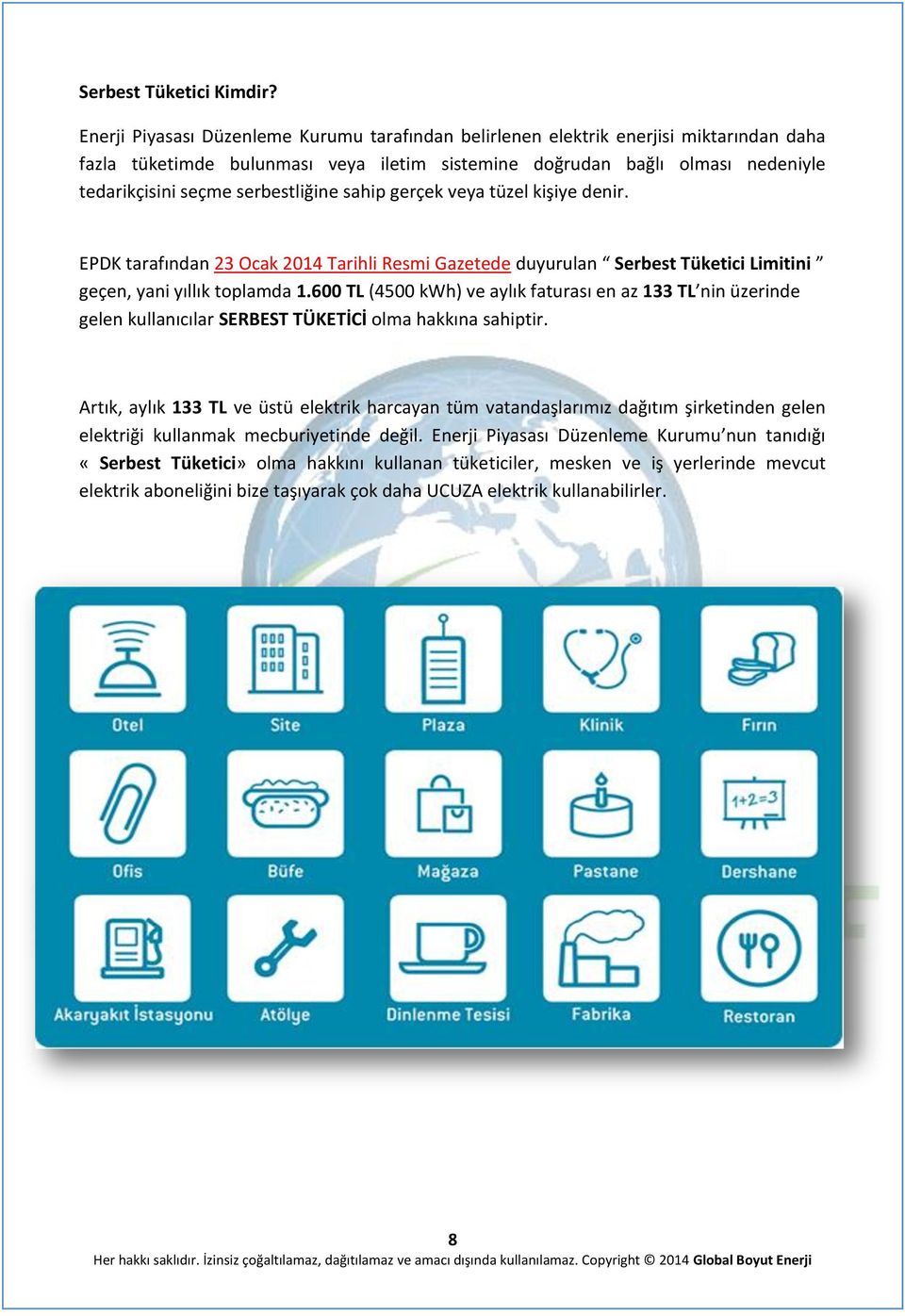 serbestliğine sahip gerçek veya tüzel kişiye denir. EPDK tarafından 23 Ocak 2014 Tarihli Resmi Gazetede duyurulan Serbest Tüketici Limitini geçen, yani yıllık toplamda 1.