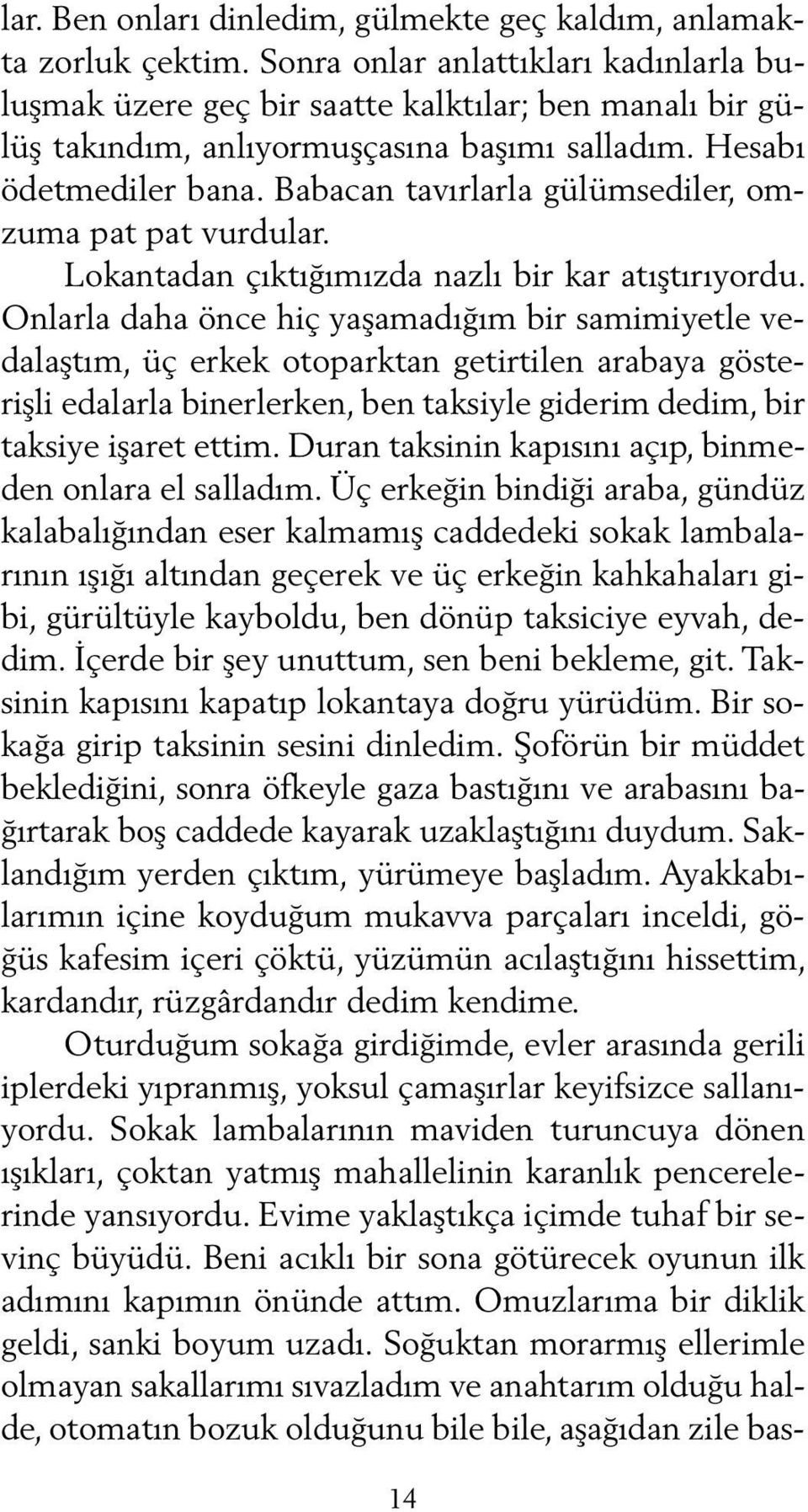 Babacan tavırlarla gülümsediler, omzuma pat pat vurdular. Lokantadan çıktığımızda nazlı bir kar atıştırıyordu.