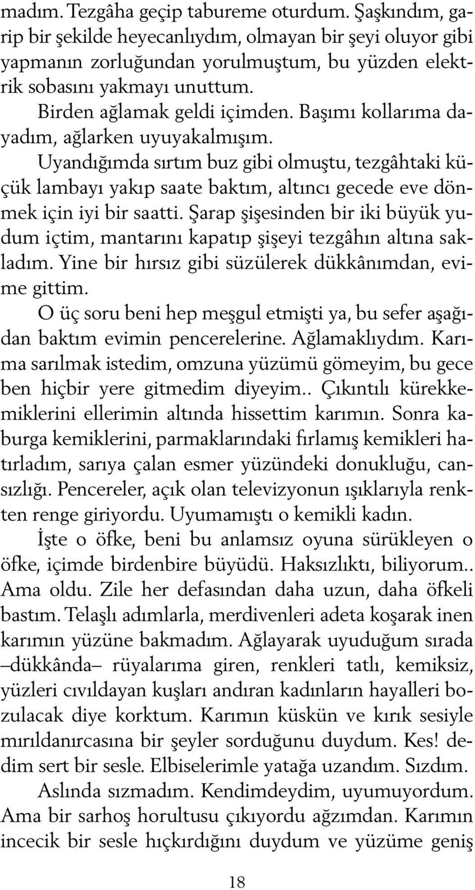 Uyandığımda sırtım buz gibi olmuştu, tezgâhtaki küçük lambayı yakıp saate baktım, altıncı gecede eve dönmek için iyi bir saatti.