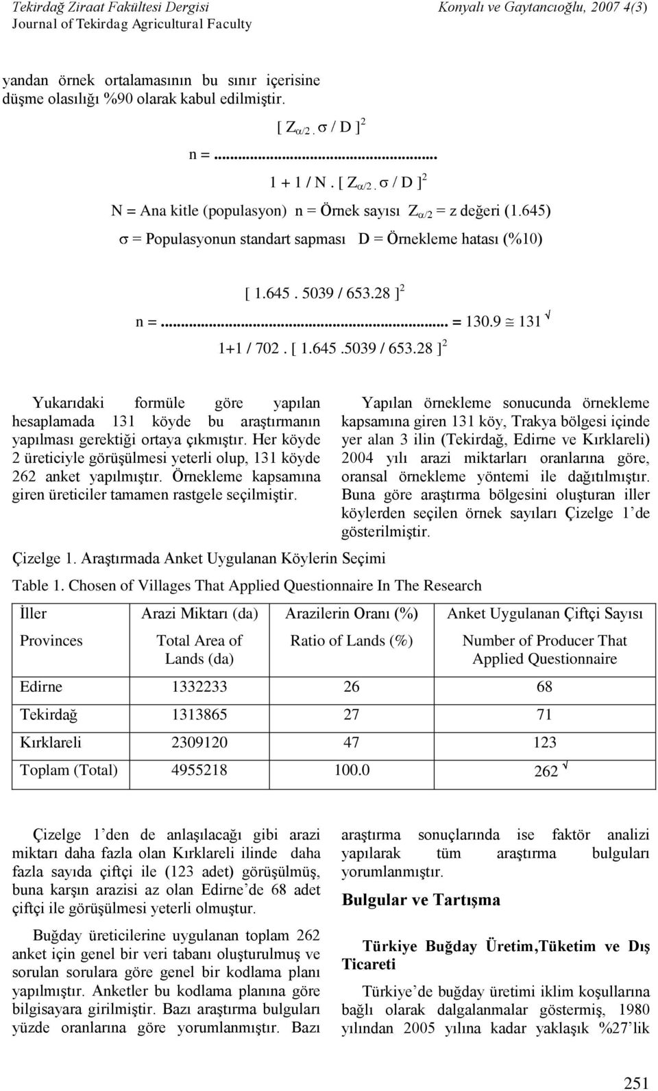 Her köyde 2 üreticiyle görüşülmesi yeterli olup, 131 köyde 262 anket yapılmıştır. Örnekleme kapsamına giren üreticiler tamamen rastgele seçilmiştir. Çizelge 1.