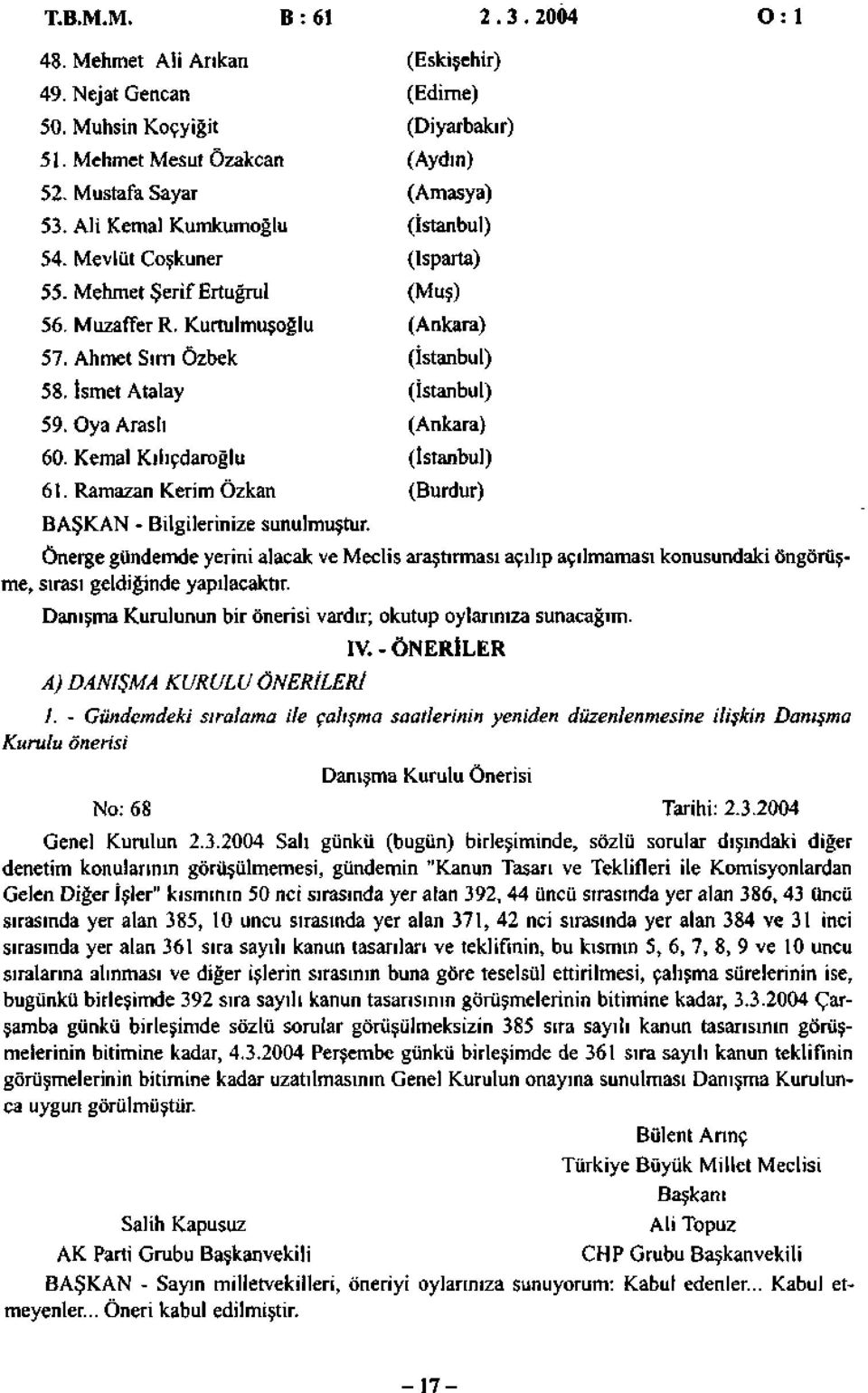 Oya Araslı (Ankara) 60. Kemal Kılıçdaroğlu (İstanbul) 61. Ramazan Kerim Özkan (Burdur) BAŞKAN - Bilgilerinize sunulmuştur.