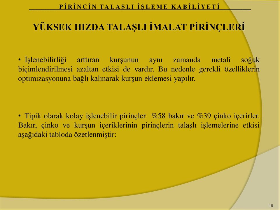 Bu nedenle gerekli özelliklerin optimizasyonuna bağlı kalınarak kurşun eklemesi yapılır.