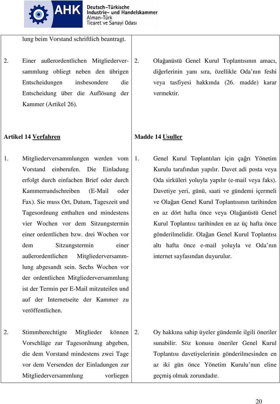 ). 2. Olağanüstü Genel Kurul Toplantısının amacı, diğerlerinin yanı sıra, özellikle Oda nın feshi veya tasfiyesi hakkında (26. madde) karar vermektir. Artikel 14 Verfahren Madde 14 Usuller 1.