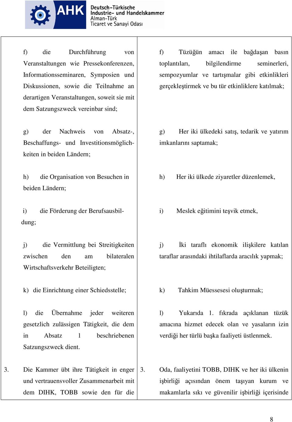 Nachweis von Absatz-, Beschaffungs- und Investitionsmöglichkeiten in beiden Ländern; g) Her iki ülkedeki satış, tedarik ve yatırım imkanlarını saptamak; h) die Organisation von Besuchen in beiden