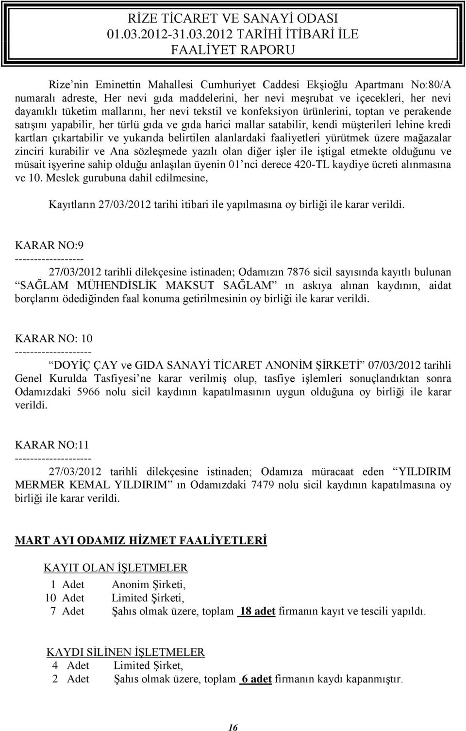 alanlardaki faaliyetleri yürütmek üzere mağazalar zinciri kurabilir ve Ana sözleşmede yazılı olan diğer işler ile iştigal etmekte olduğunu ve müsait işyerine sahip olduğu anlaşılan üyenin 01 nci