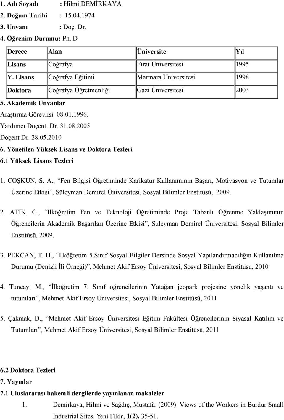 28.05.2010 6. Yönetilen Yüksek Lisans ve Doktora Tezleri 6.1 Yüksek Lisans Tezleri 1. COŞKUN, S. A.