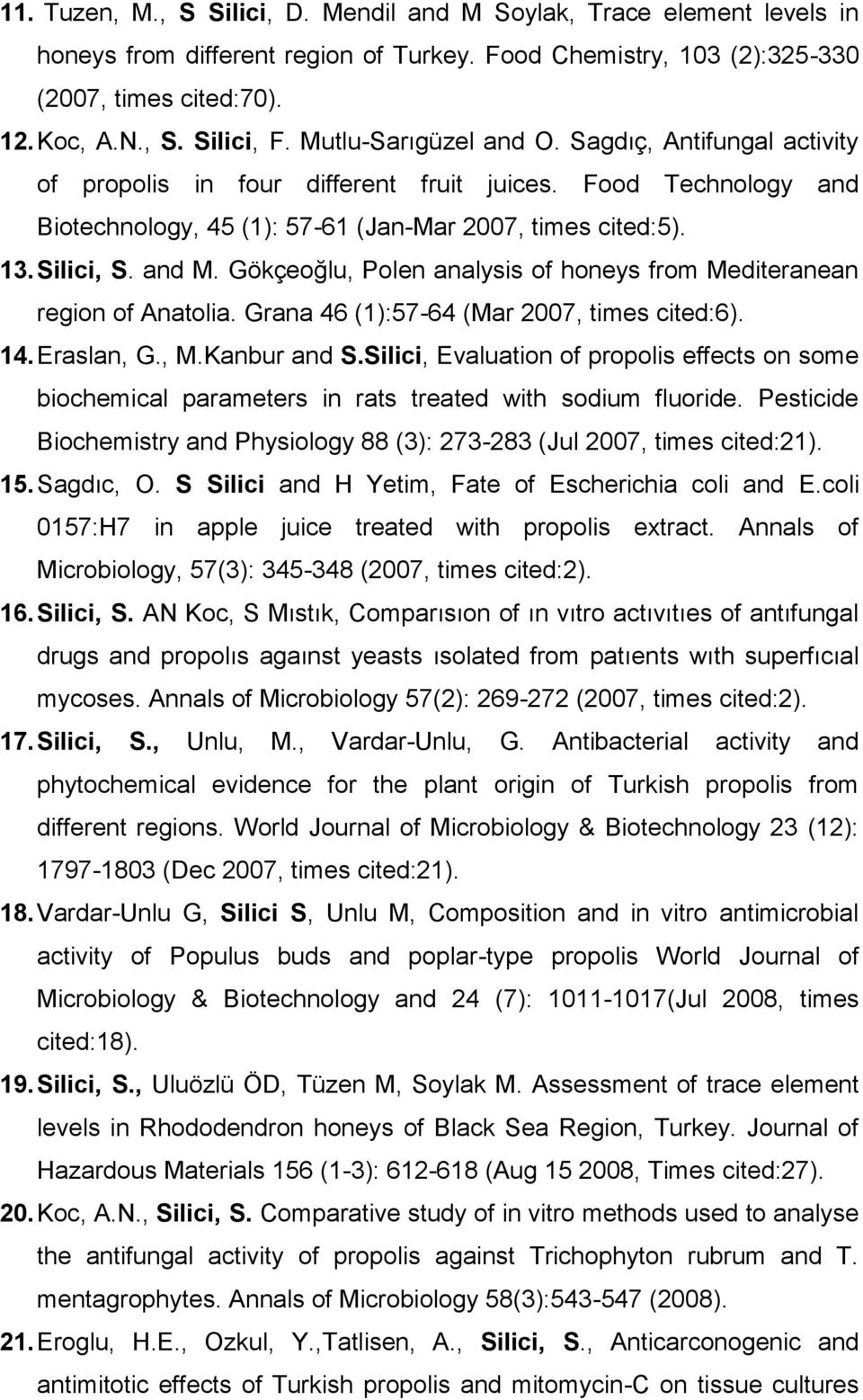 Gökçeoğlu, Polen analysis of honeys from Mediteranean region of Anatolia. Grana 46 (1):57-64 (Mar 2007, times cited:6). 14. Eraslan, G., M.Kanbur and S.