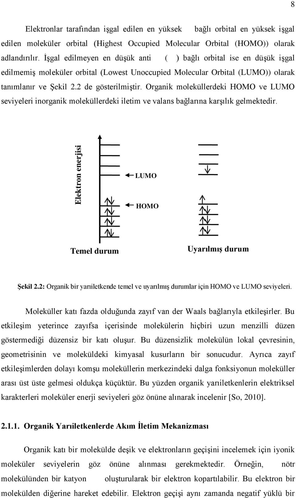 Organik moleküllerdeki HOMO ve LUMO seviyeleri inorganik moleküllerdeki iletim ve valans bağlarına karşılık gelmektedir. LUMO HOMO Temel durum Uyarılmış durum Şekil 2.