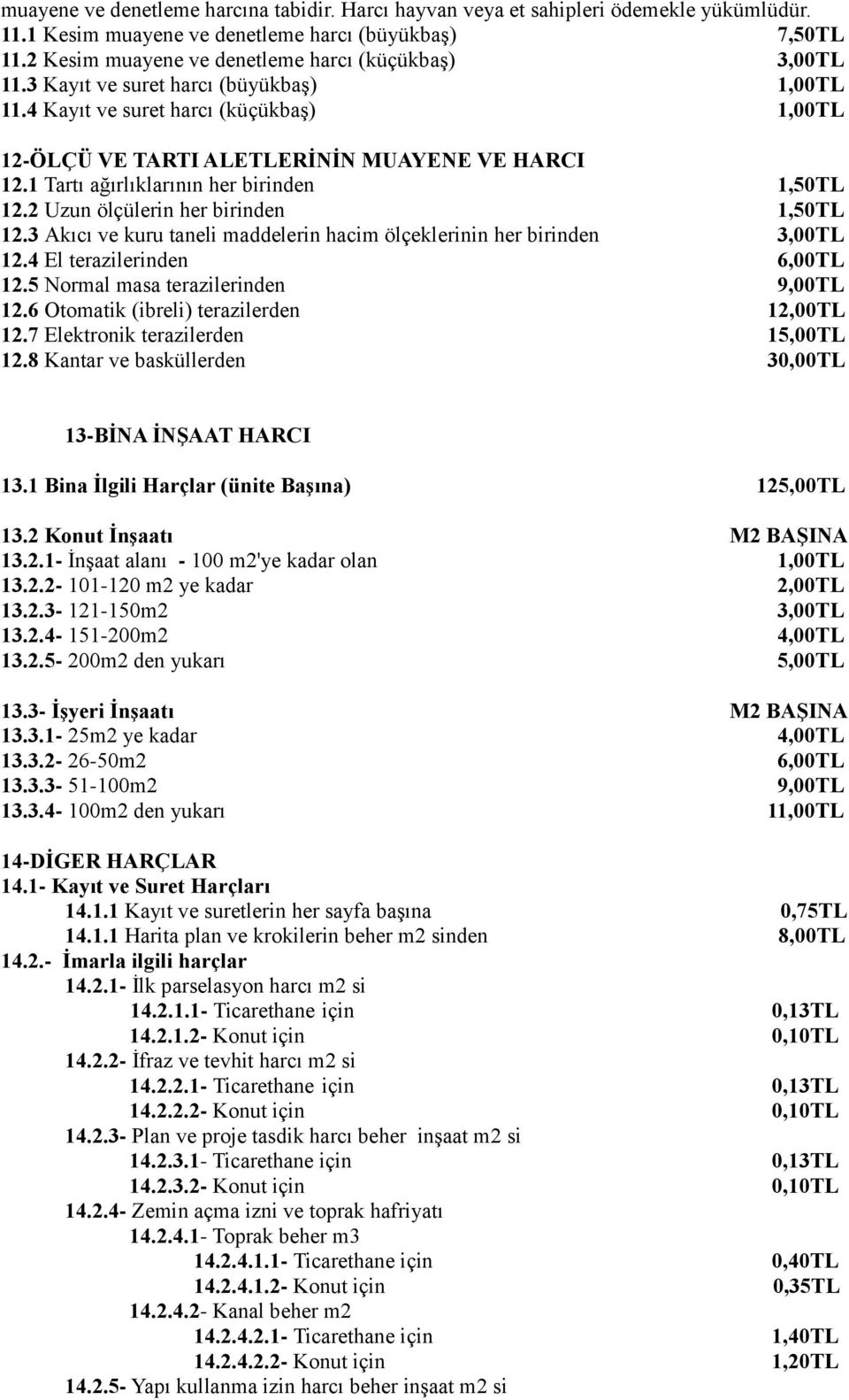 1 Tartı ağırlıklarının her birinden 1,50TL 12.2 Uzun ölçülerin her birinden 1,50TL 12.3 Akıcı ve kuru taneli maddelerin hacim ölçeklerinin her birinden 3,00TL 12.4 El terazilerinden 6,00TL 12.