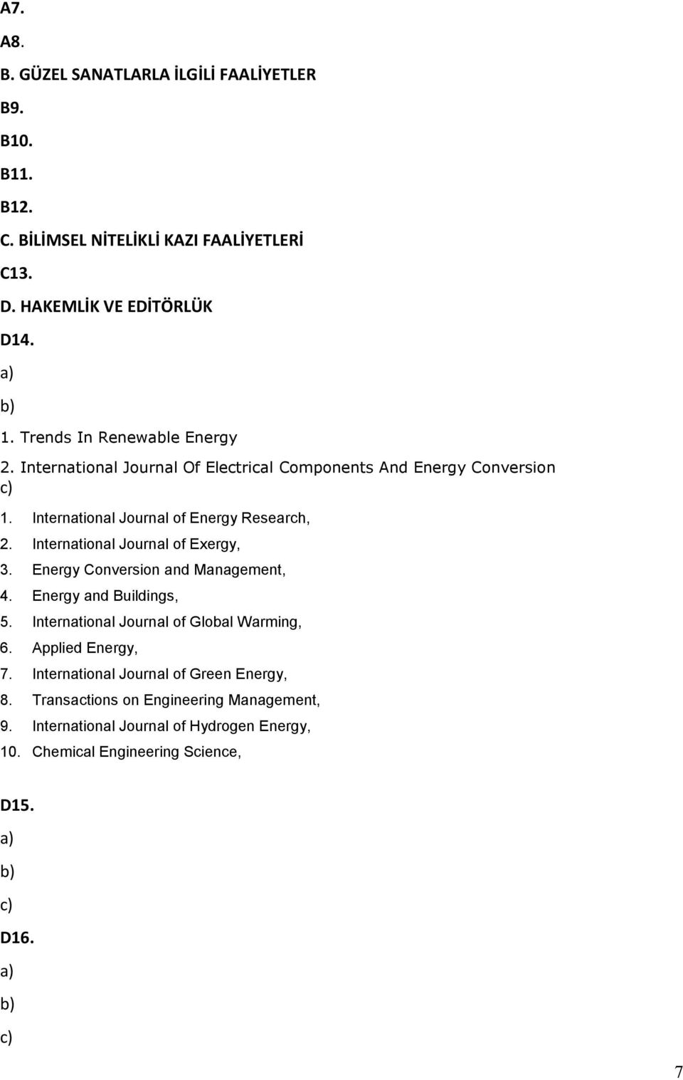 International Journal of Exergy, 3. Energy Conversion and Management, 4. Energy and Buildings, 5. International Journal of Global Warming, 6.