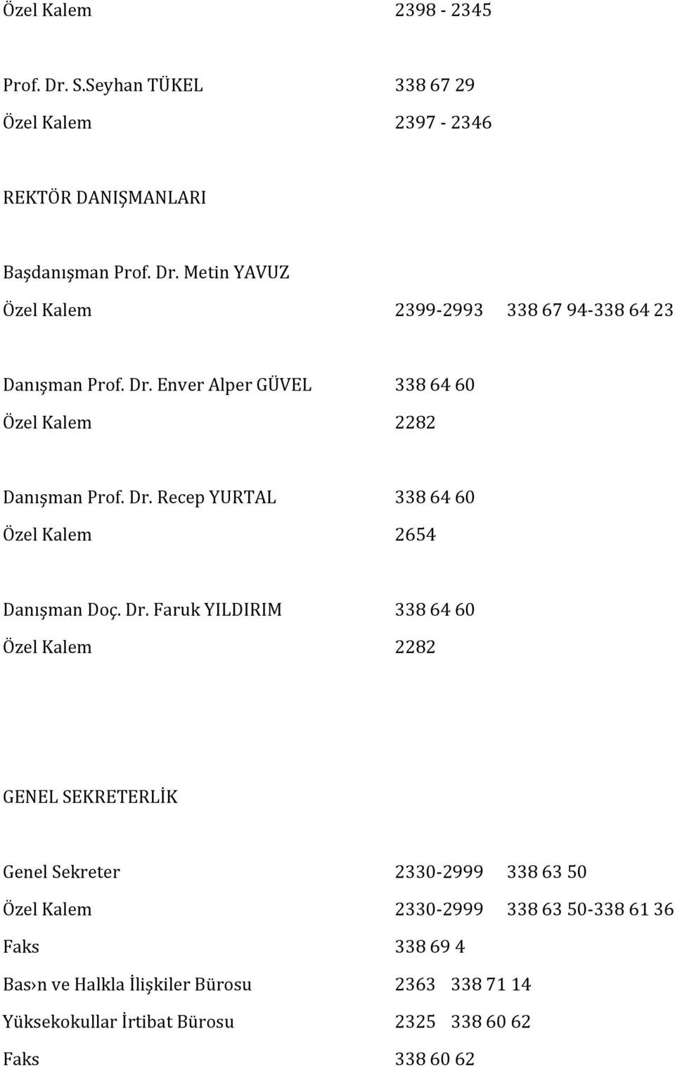 Recep YURTAL 338 64 60 Özel Kalem 2654 Danışman Doç. Dr.