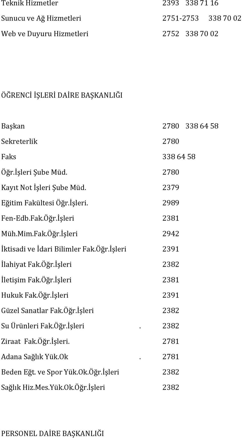 Öğr.İşleri 2391 İlahiyat Fak.Öğr.İşleri 2382 İletişim Fak.Öğr.İşleri 2381 Hukuk Fak.Öğr.İşleri 2391 Güzel Sanatlar Fak.Öğr.İşleri 2382 Su Ürünleri Fak.Öğr.İşleri. 2382 Ziraat Fak.