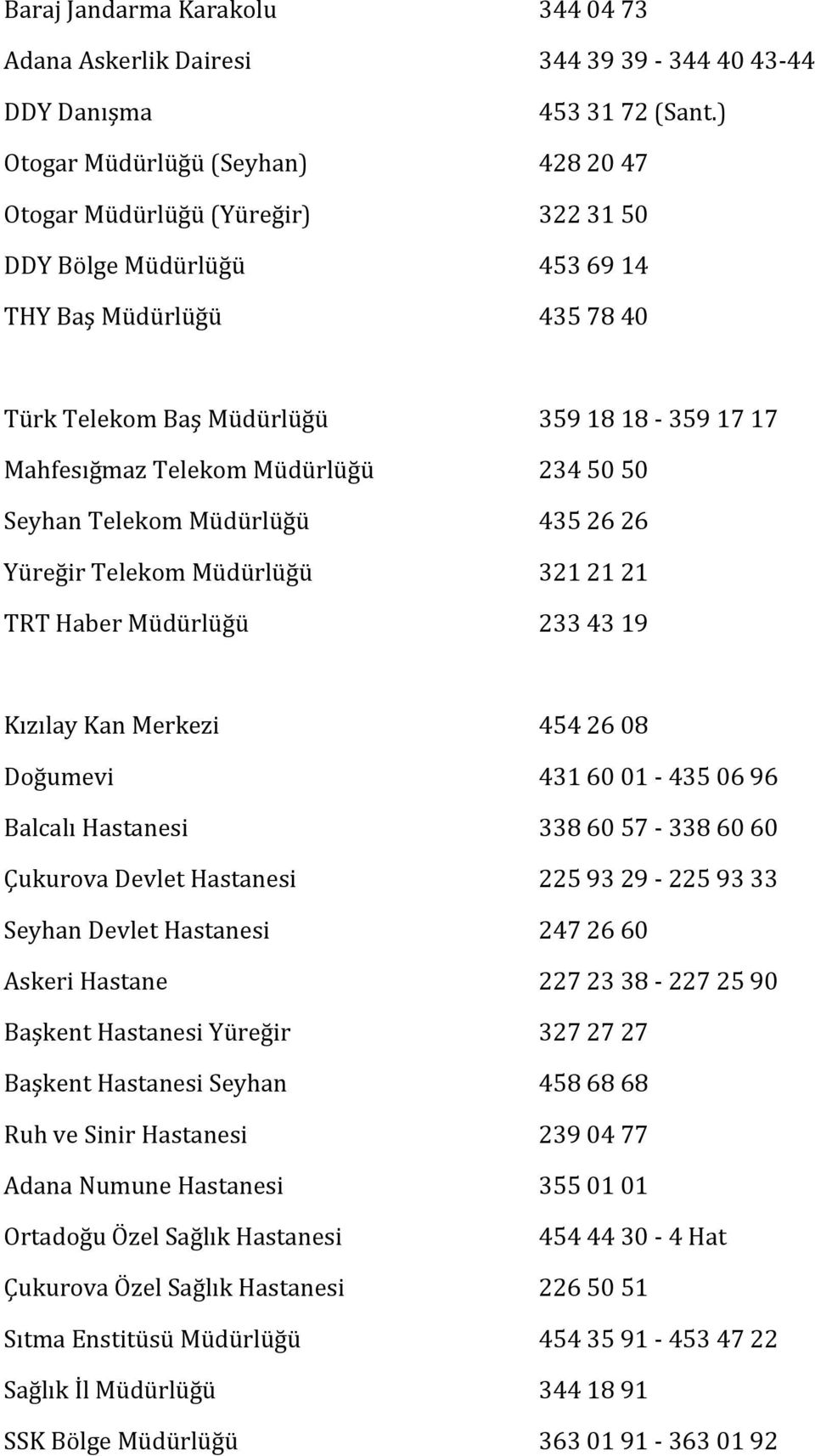 Müdürlüğü 234 50 50 Seyhan Telekom Müdürlüğü 435 26 26 Yüreğir Telekom Müdürlüğü 321 21 21 TRT Haber Müdürlüğü 233 43 19 Kızılay Kan Merkezi 454 26 08 Doğumevi 431 60 01-435 06 96 Balcalı Hastanesi