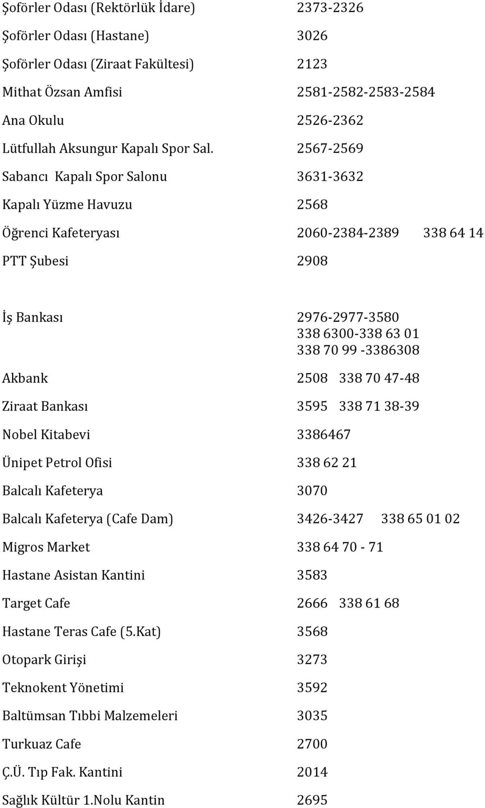 2567-2569 Sabancı Kapalı Spor Salonu 3631-3632 Kapalı Yüzme Havuzu 2568 Öğrenci Kafeteryası 2060-2384-2389 338 64 14 PTT Şubesi 2908 İş Bankası 2976-2977-3580 338 6300-338 63 01 338 70 99-3386308