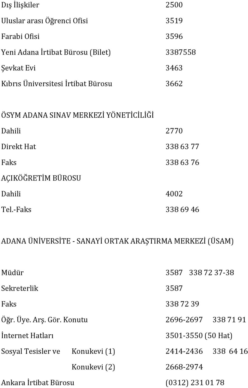 -Faks 338 69 46 ADANA ÜNİVERSİTE - SANAYİ ORTAK ARAŞTIRMA MERKEZİ (ÜSAM) Müdür 3587 338 72 37-38 Sekreterlik 3587 Faks 338 72 39 Öğr. Üye. Arş. Gör.