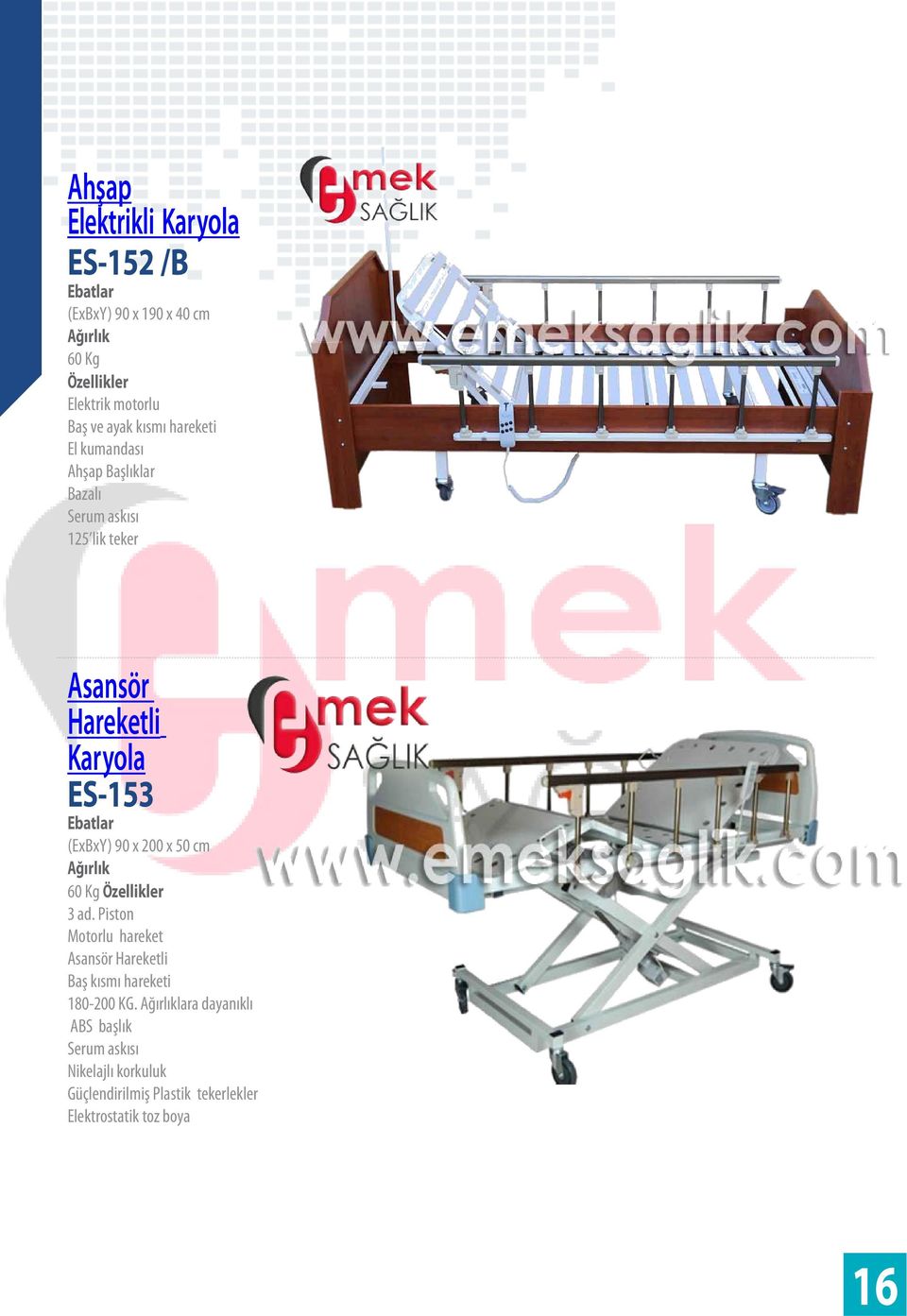 Karyola ES-153 (ExBxY) 90 x 200 x 50 cm 60 Kg 3 ad.