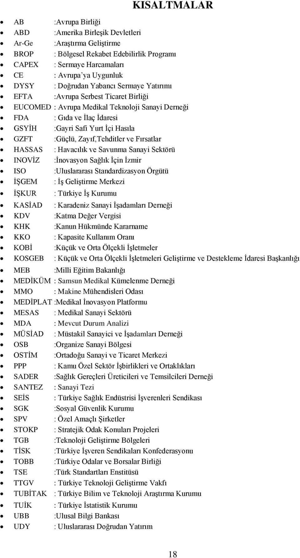 Zayıf,Tehditler ve Fırsatlar HASSAS : Havacılık ve Savunma Sanayi Sektörü INOVİZ :İnovasyon Sağlık İçin İzmir ISO :Uluslararası Standardizasyon Örgütü İŞGEM : İş Geliştirme Merkezi İŞKUR : Türkiye İş