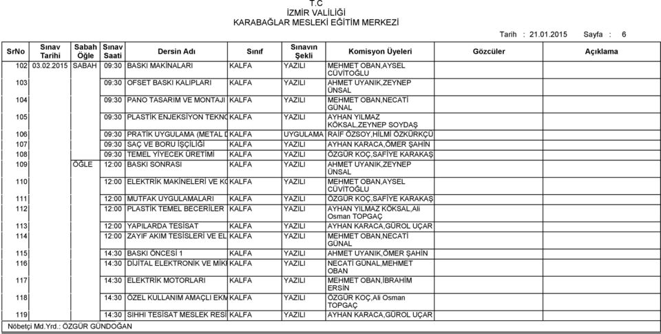 YAZILI AYHAN KARACA,ÖMER ŞAHİN 108 09:30 TEMEL YİYECEK ÜRETİMİ KALFA YAZILI ÖZGÜR KOÇ,SAFİYE KARAKAŞ 109 ÖĞLE 12:00 BASKI SONRASI KALFA YAZILI AHMET UYANIK,ZEYNEP 110 12:00 ELEKTRİK MAKİNELERİ VE