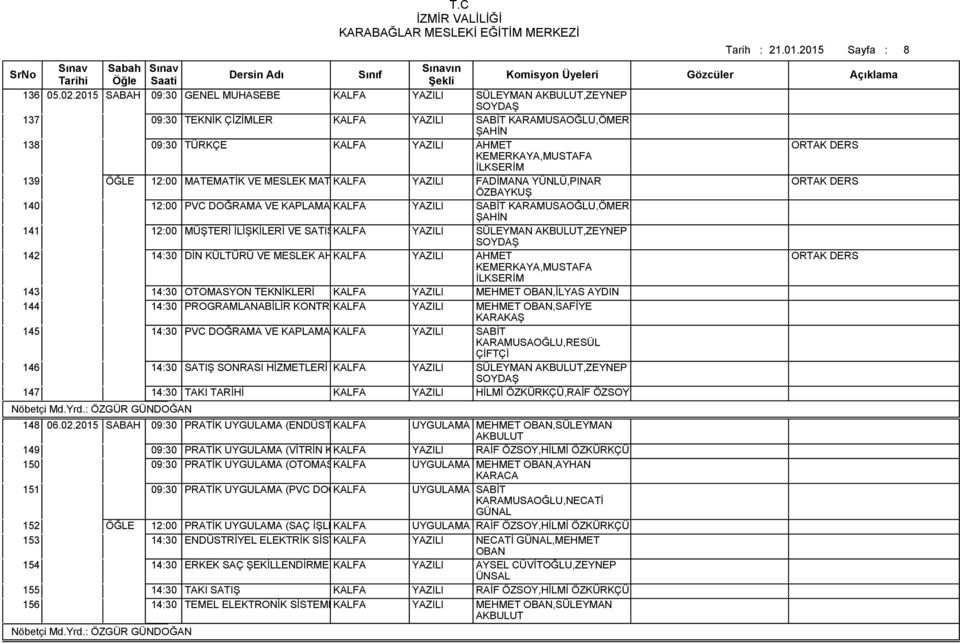 İLKSERİM 139 ÖĞLE 12:00 MATEMATİK VE MESLEK MATEMATİĞİ KALFA YAZILI FADİMANA YÜNLÜ,PINAR ÖZBAYKUŞ 140 12:00 PVC DOĞRAMA VE KAPLAMALARI KALFA YAZILI SABİT KARAMUSAOĞLU,ÖMER ŞAHİN 141 12:00 MÜŞTERİ