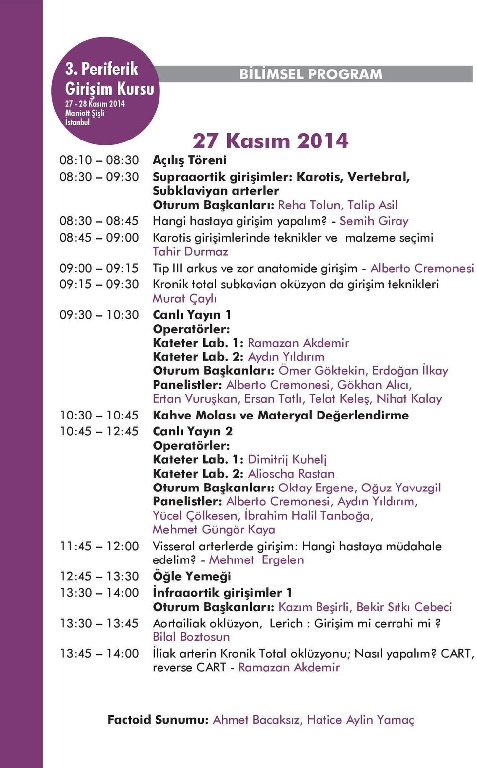 - Semih Giray 08:45 09:00 Karotis girişimlerinde teknikler ve malzeme seçimi Tahir Durmaz 09:00 09:15 Tip III arkus ve zor anatomide girişim - Alberto Cremonesi 09:15 09:30 Kronik total subkavian