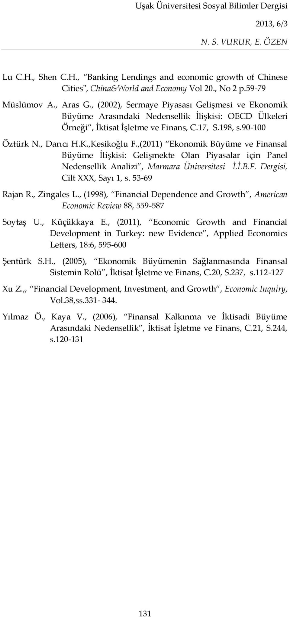 ,(2011) Ekonomik Büyüme ve Finansal Büyüme İlişkisi: Gelişmekte Olan Piyasalar için Panel Nedensellik Analizi, Marmara Üniversitesi İ.İ.B.F. Dergisi, Cilt XXX, Sayı 1, s. 53-69 Rajan R., Zingales L.