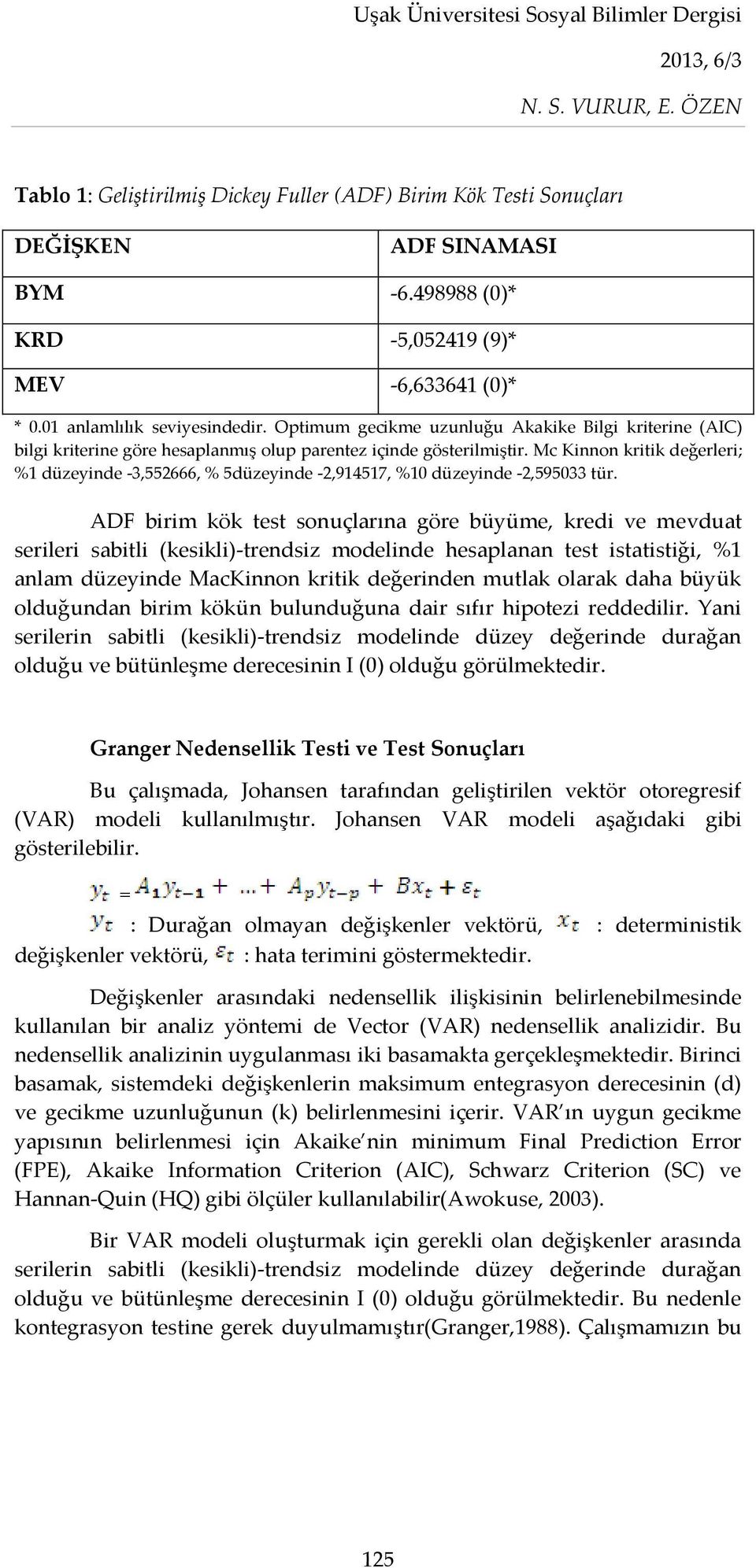 Mc Kinnon kritik değerleri; %1 düzeyinde -3,552666, % 5düzeyinde -2,914517, %10 düzeyinde -2,595033 tür.