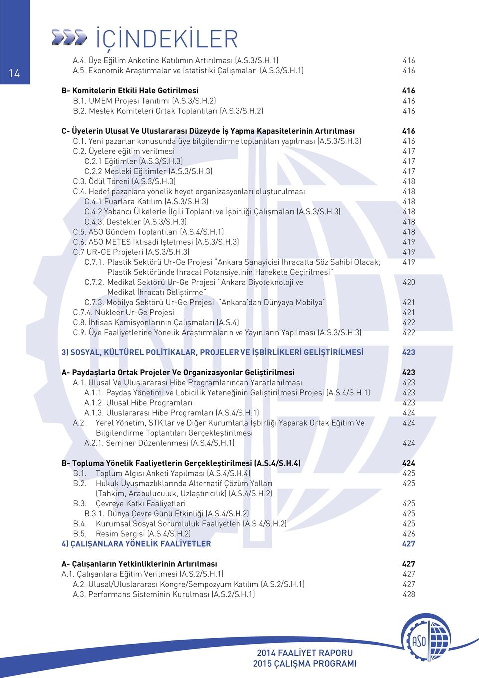 S.3/S.H.3) 416 C.2. Üyelere eğitim verilmesi 417 C.2.1 Eğitimler (A.S.3/S.H.3) 417 C.2.2 Mesleki Eğitimler (A.S.3/S.H.3) 417 C.3. Ödül Töreni (A.S.3/S.H.3) 418 C.4. Hedef pazarlara yönelik heyet organizasyonları oluşturulması 418 C.