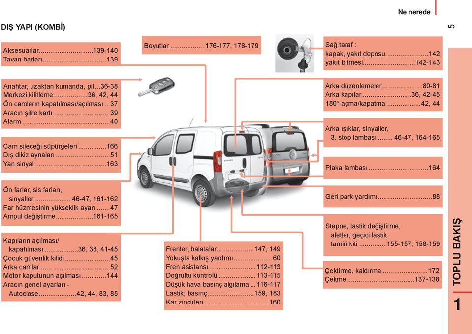 ..80-81 Arka kapılar...36, 42-45 180 açma/kapatma...42, 44 Arka ışıklar, sinyaller, 3. stop lambası... 46-47, 164-165 Plaka lambası...164 Ön farlar, sis farları, sinyaller.