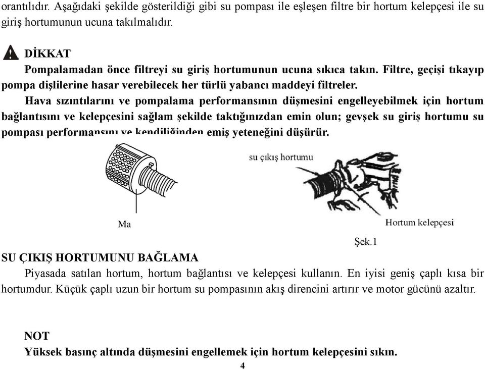 Hava sızıntılarını ve pompalama performansının düşmesini engelleyebilmek için hortum bağlantısını ve kelepçesini sağlam şekilde taktığınızdan emin olun; gevşek su giriş hortumu su pompası