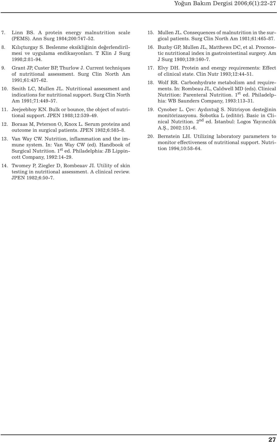 Nutritional assessment and indications for nutritional support. Surg Clin North Am 1991;71:449-57. 11. Jeejeebhoy KN. Bulk or bounce, the object of nutritional support. JPEN 1988;12:539-49. 12.