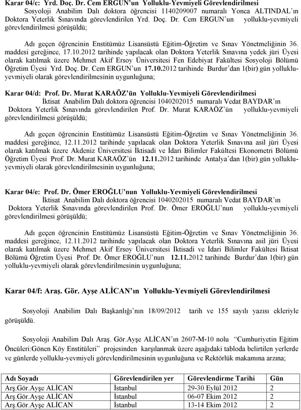 Cem ERGUN un yolluklu-yevmiyeli görevlendirilmesi görüşüldü; Adı geçen öğrencinin Enstitümüz Lisansüstü Eğitim-Öğretim ve Sınav Yönetmeliğinin 36. maddesi gereğince, 17.10.