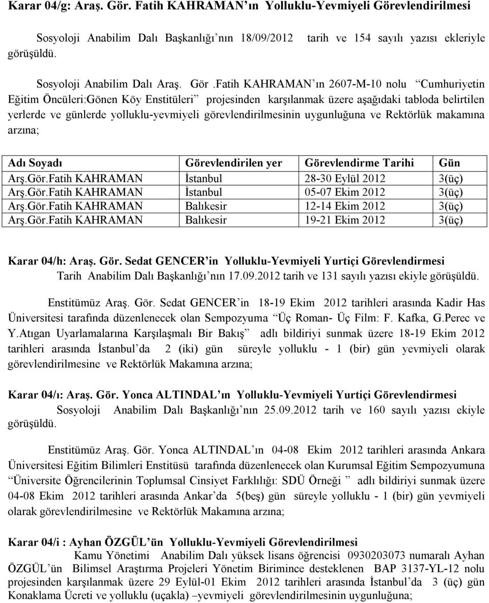 vlendirilmesi Sosyoloji Anabilim Dalı Başkanlığı nın 18/09/2012 tarih ve 154 sayılı yazısı ekleriyle Sosyoloji Anabilim Dalı Araş. Gör.