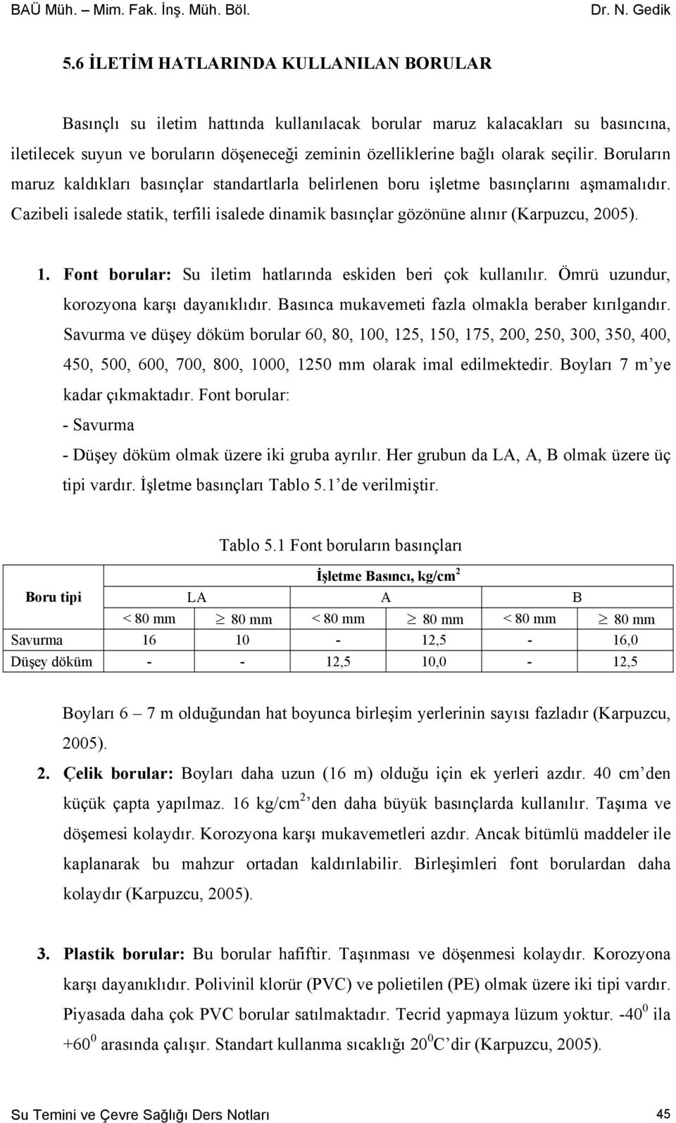 Cazibeli isalede statik, terfili isalede dinamik basınçlar gözönüne alınır (Karpuzcu, 2005). 1. Font borular: Su iletim hatlarında eskiden beri çok kullanılır.