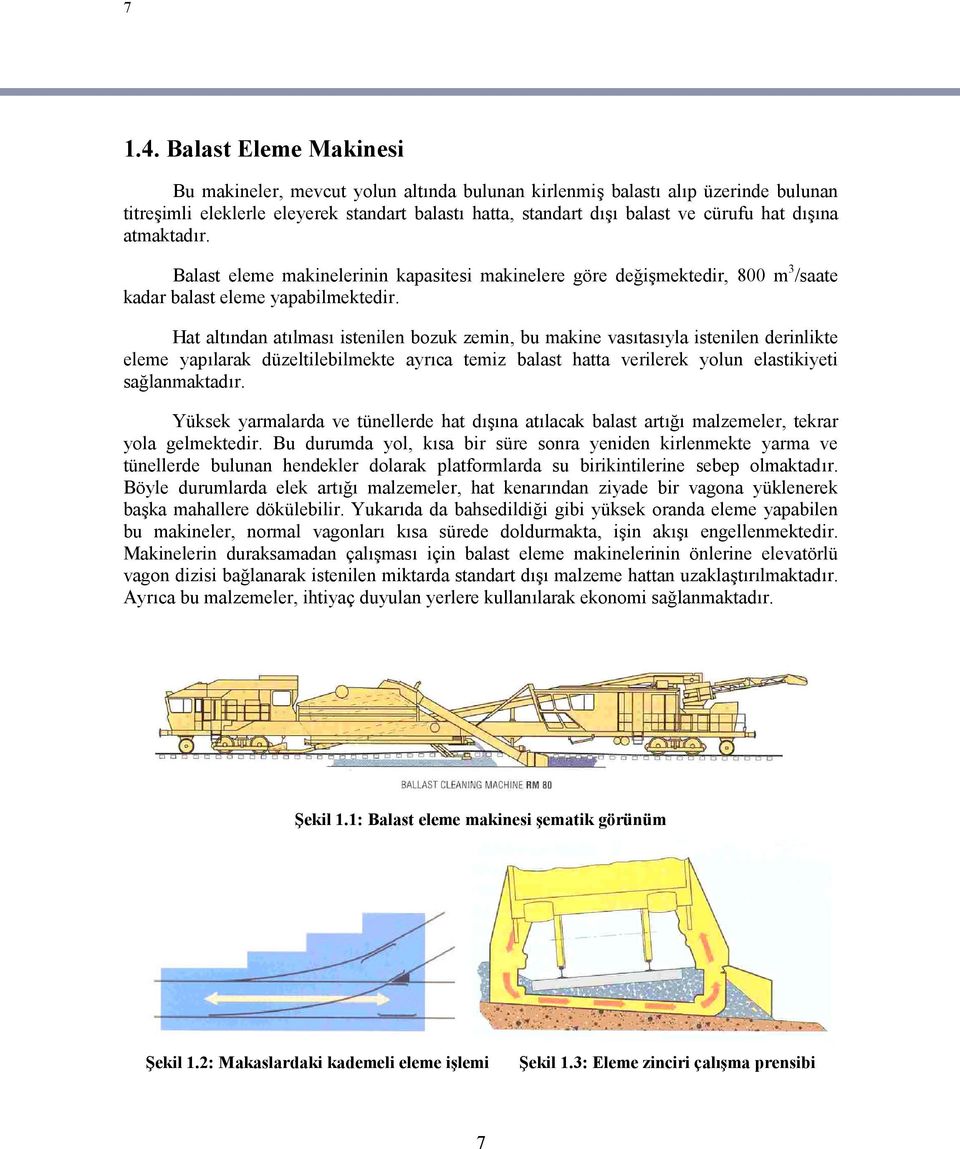 dışına atmaktadır. Balast eleme makinelerinin kapasitesi makinelere göre değişmektedir, 800 m 3 /saate kadar balast eleme yapabilmektedir.