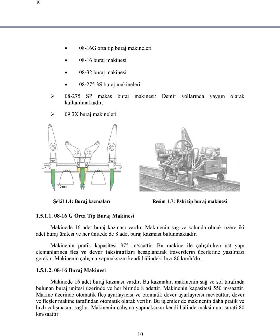 Makinenin sağ ve solunda olmak üzere iki adet buraj ünitesi ve her ünitede de 8 adet buraj kazması bulunmaktadır. Makinenin pratik kapasitesi 375 m/saattir.