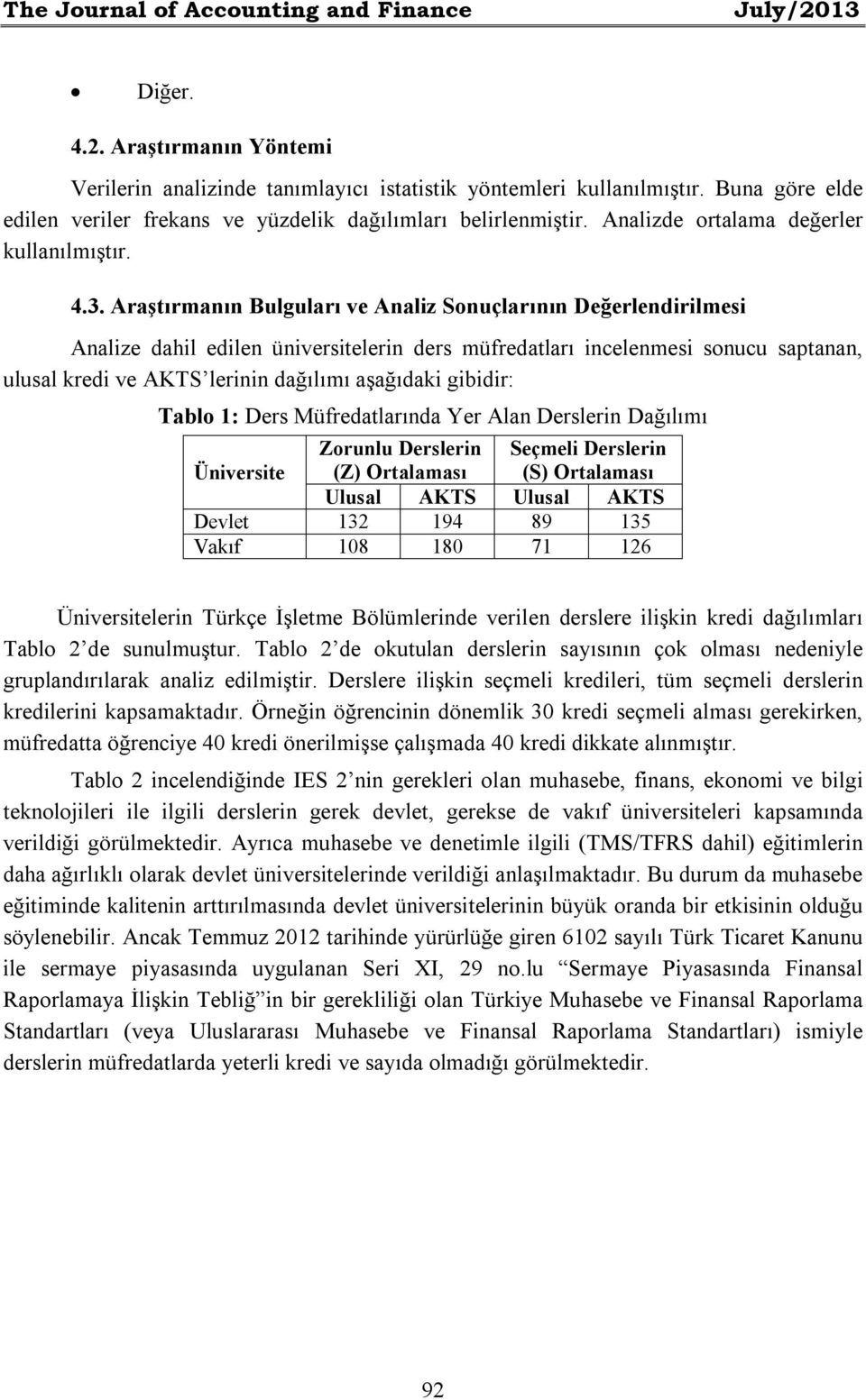 Araştırmanın Bulguları ve Analiz Sonuçlarının Değerlendirilmesi Analize dahil edilen üniversitelerin ders müfredatları incelenmesi sonucu saptanan, ulusal kredi ve AKTS lerinin dağılımı aşağıdaki