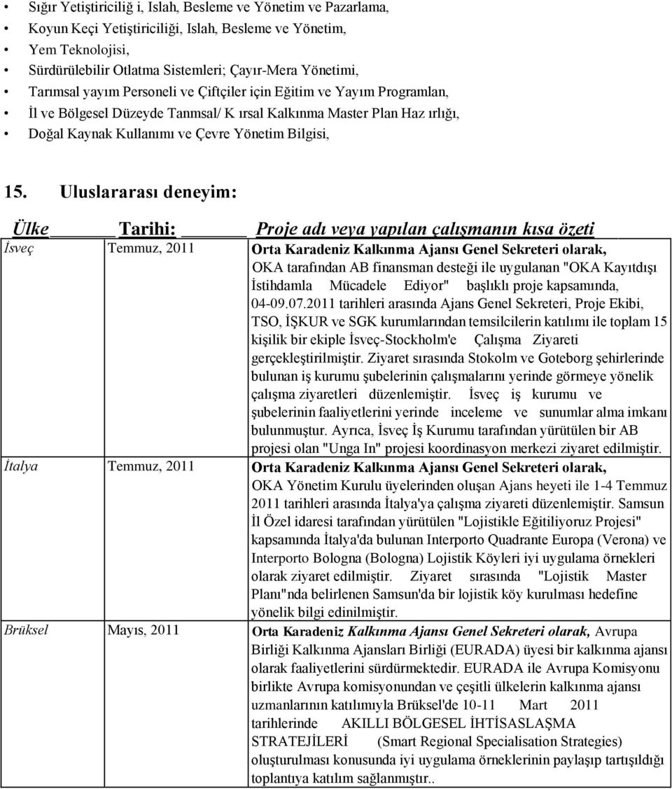 Uluslararası deneyim: Ülke Tarihi: Proje adı veya yapılan çalışmanın kısa özeti İsveç Temmuz, 2011 Orta Karadeniz Kalkınma Ajansı Genel Sekreteri olarak, OKA tarafından AB finansman desteği ile