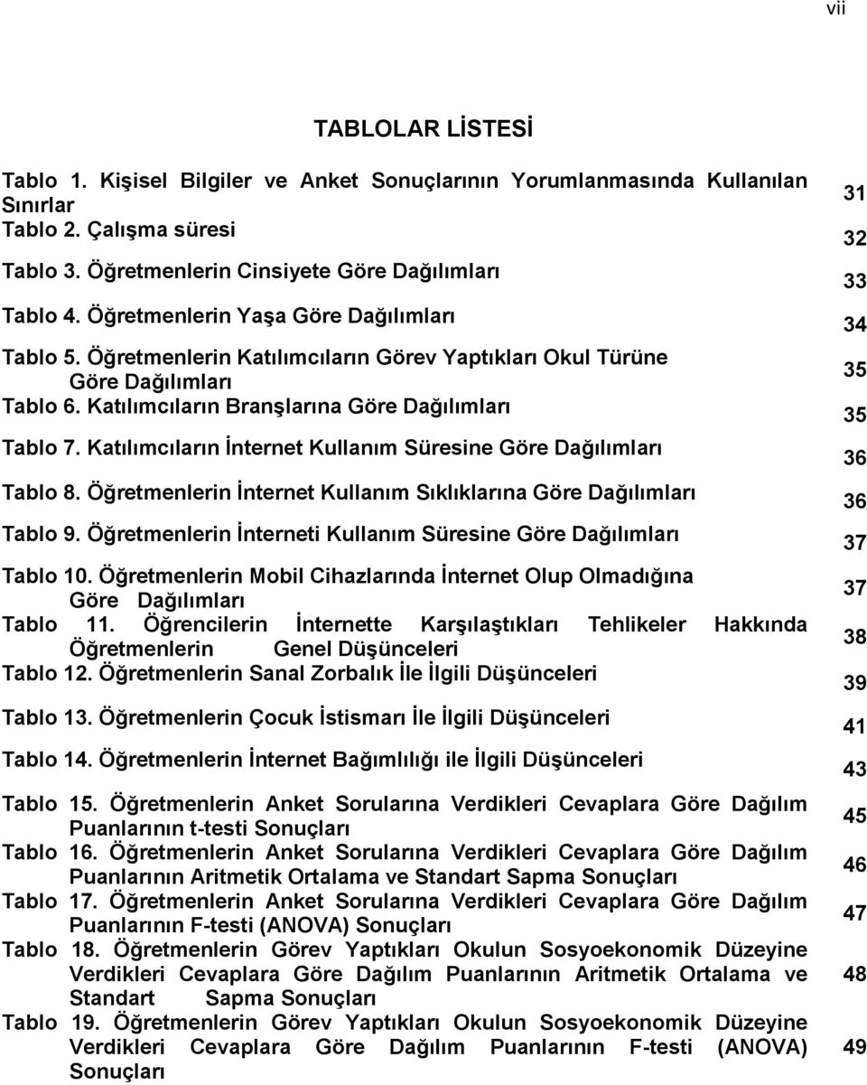 Katılımcıların İnternet Kullanım Süresine Göre Dağılımları Tablo 8. Öğretmenlerin İnternet Kullanım Sıklıklarına Göre Dağılımları Tablo 9.