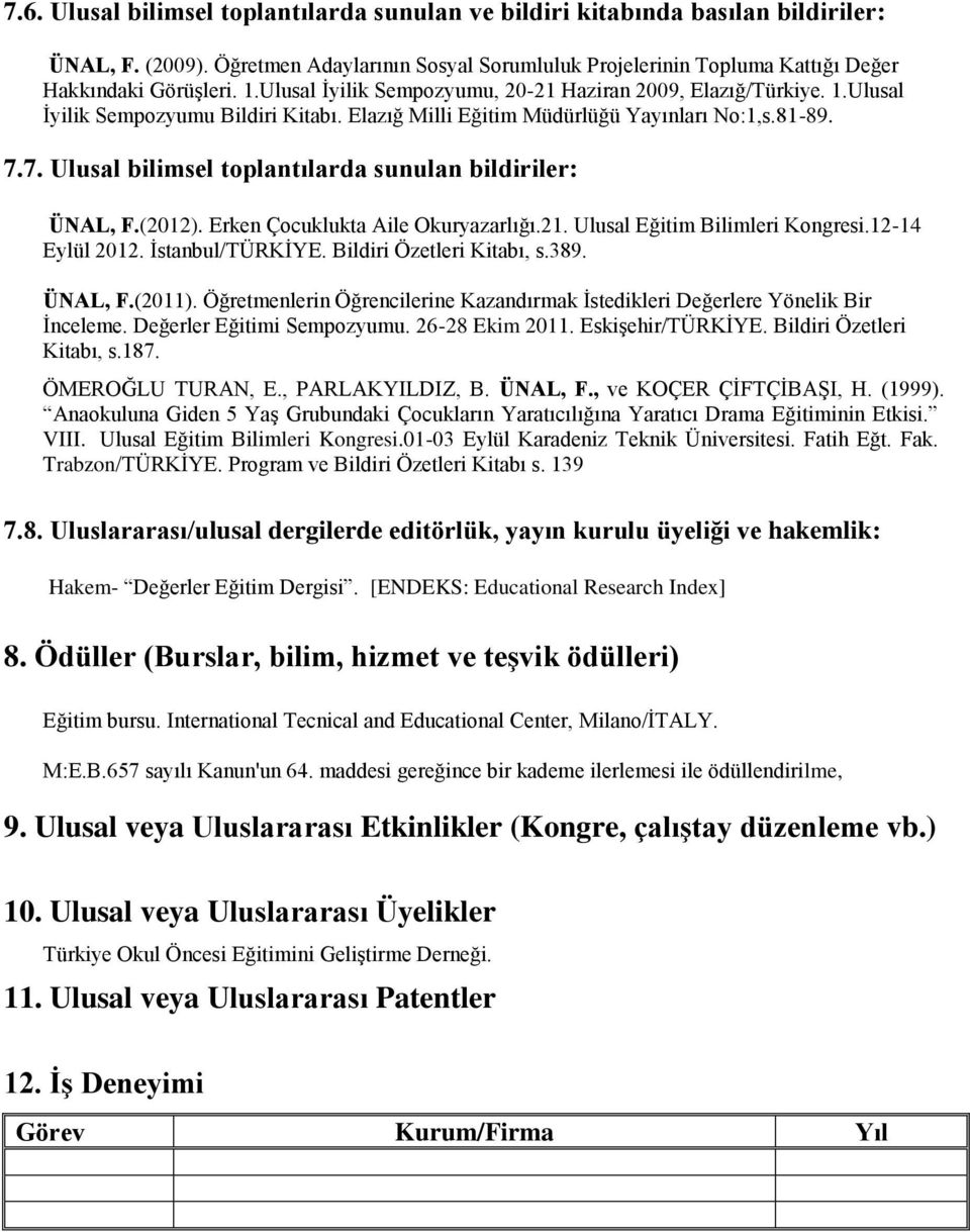 7. Ulusal bilimsel toplantılarda sunulan bildiriler: ÜNAL, F.(2012). Erken Çocuklukta Aile Okuryazarlığı.21. Ulusal Eğitim Bilimleri Kongresi.12-14 Eylül 2012. İstanbul/TÜRKİYE.