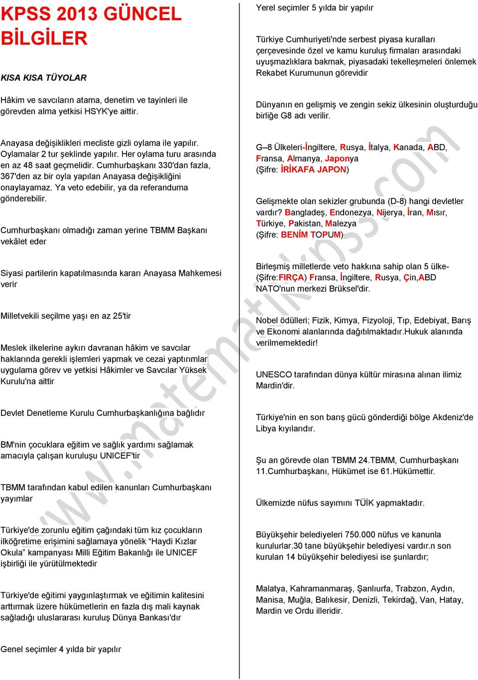 Rekabet Kurumunun görevidir Dünyanın en gelişmiş ve zengin sekiz ülkesinin oluşturduğu birliğe G8 adı verilir. Anayasa değişiklikleri mecliste gizli oylama ile yapılır.